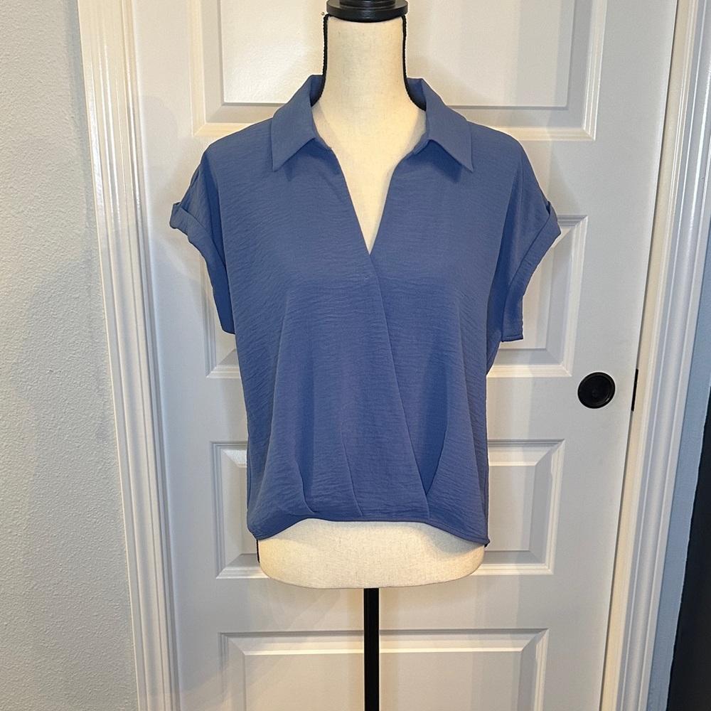 Pleione Slate Blue Collared Blouse